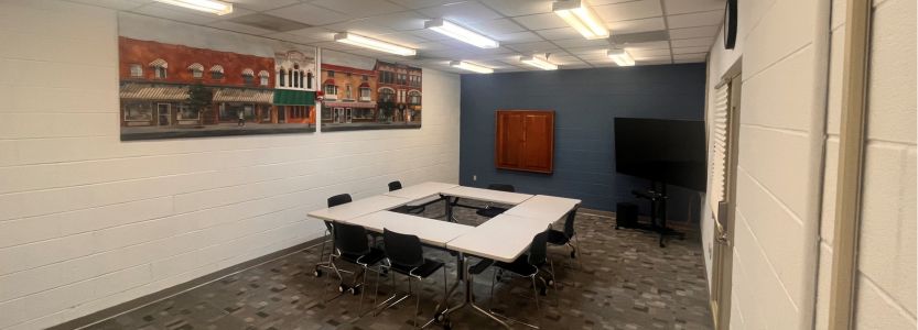 room with blue walls and multicolored grey carpeting