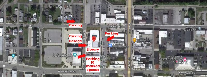 map from above showing parking spaces at the library