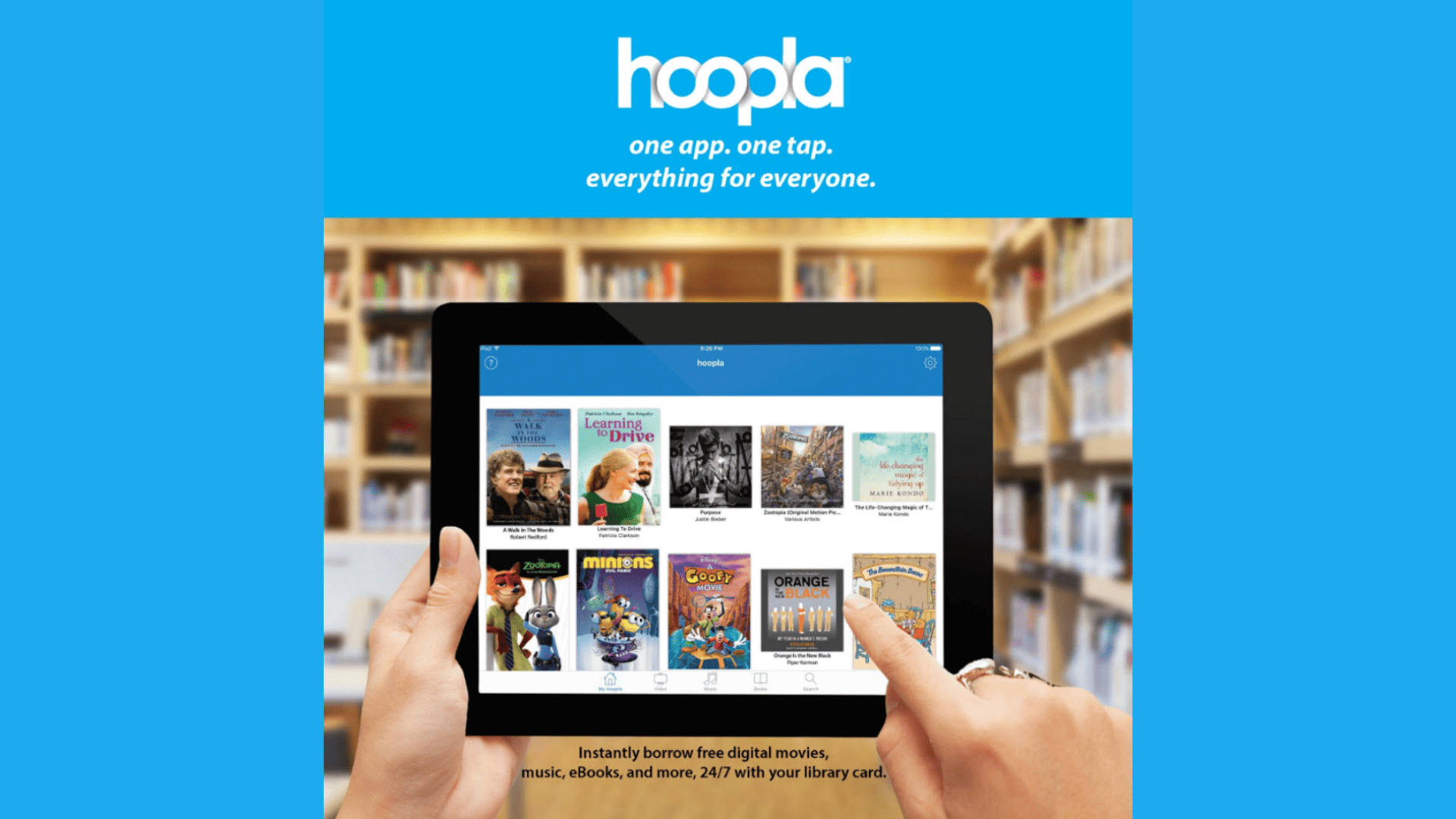 aqua background with hoopla homepage showing books and movies
