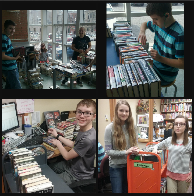 photo of teens sorting, reading and shelving books