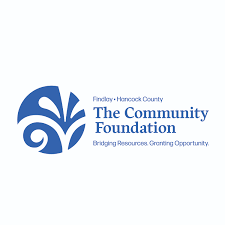 blue writing Community foundation with blue starburst